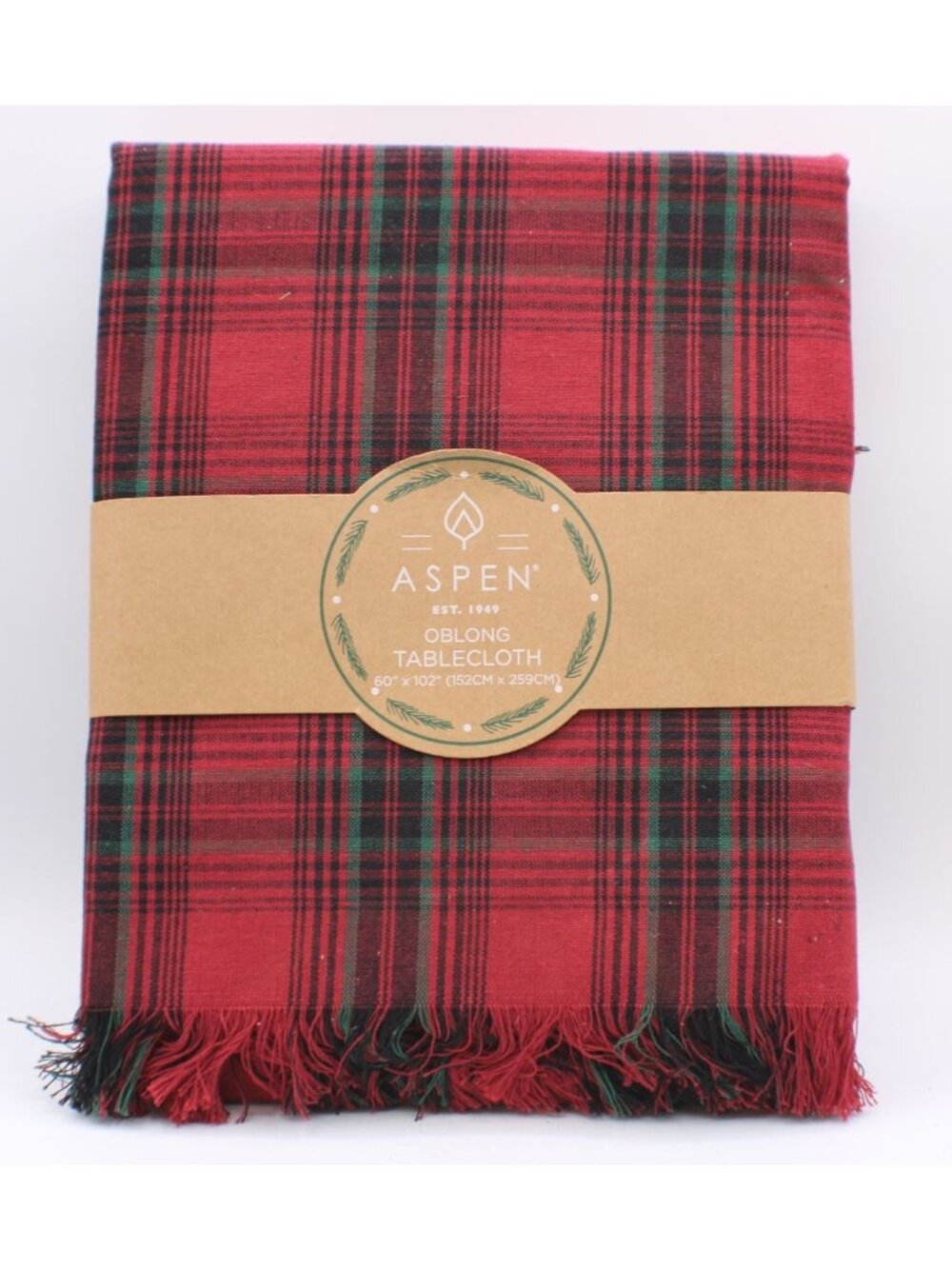 NEW Aspen Oblong Rectangular Tablecloth 60x102" Red Blk Green Plaid Fringe Edge